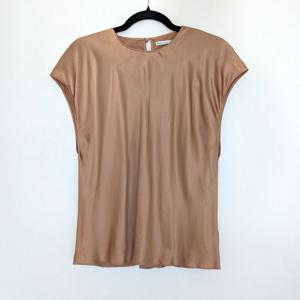 Reformation Silk Classic Cap Sleeve Crew Neck Lightweight Blouse Sz 10 Tan